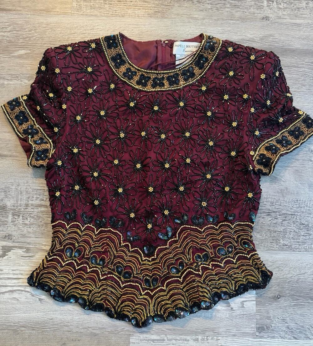 Vintage Papell Boutique Evening Silk Beaded Sequin Blouse Top Size M